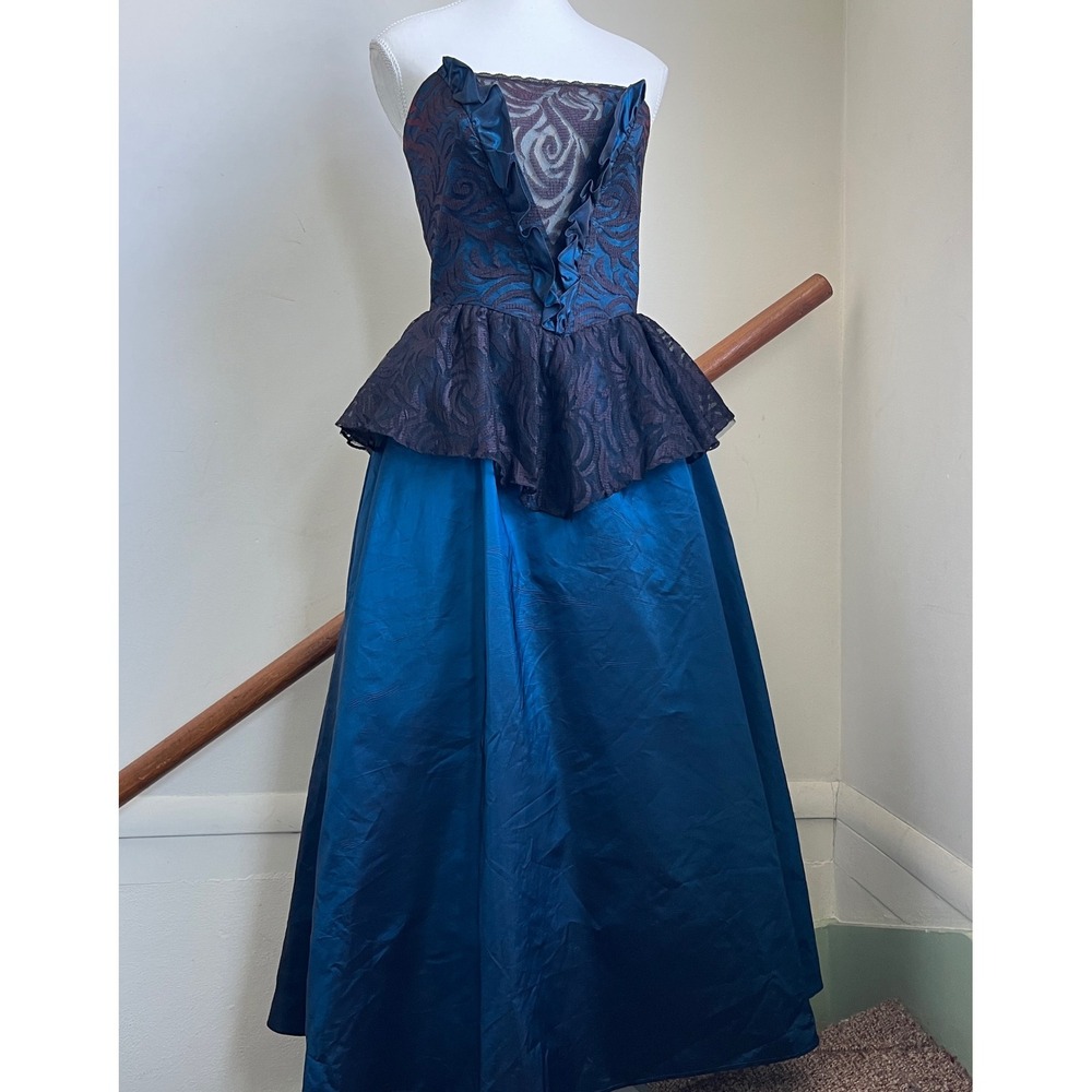 Vintage 80s Strapless‎ Peplum Ball Gown Black Lace Bodice Blue Whimsigoth Fairy